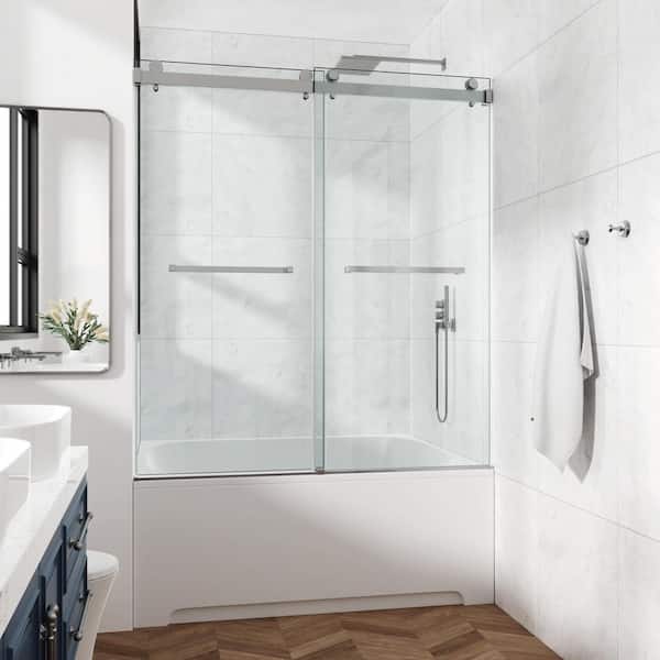 60 in. W x 72 in. H Double Sliding Semi-Frameless Bath Shower Door in Brushed Nickel with Easy-Clean 3/8 in. Glass