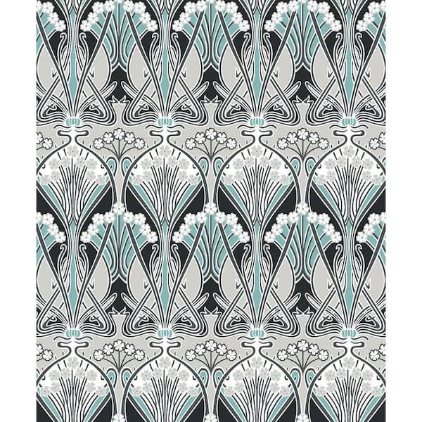 Seabrook Designs Ebony and Aqua Dragonfly Damask Unpasted Nonwoven Paper Wallpaper Roll 57.5 sq. ft.