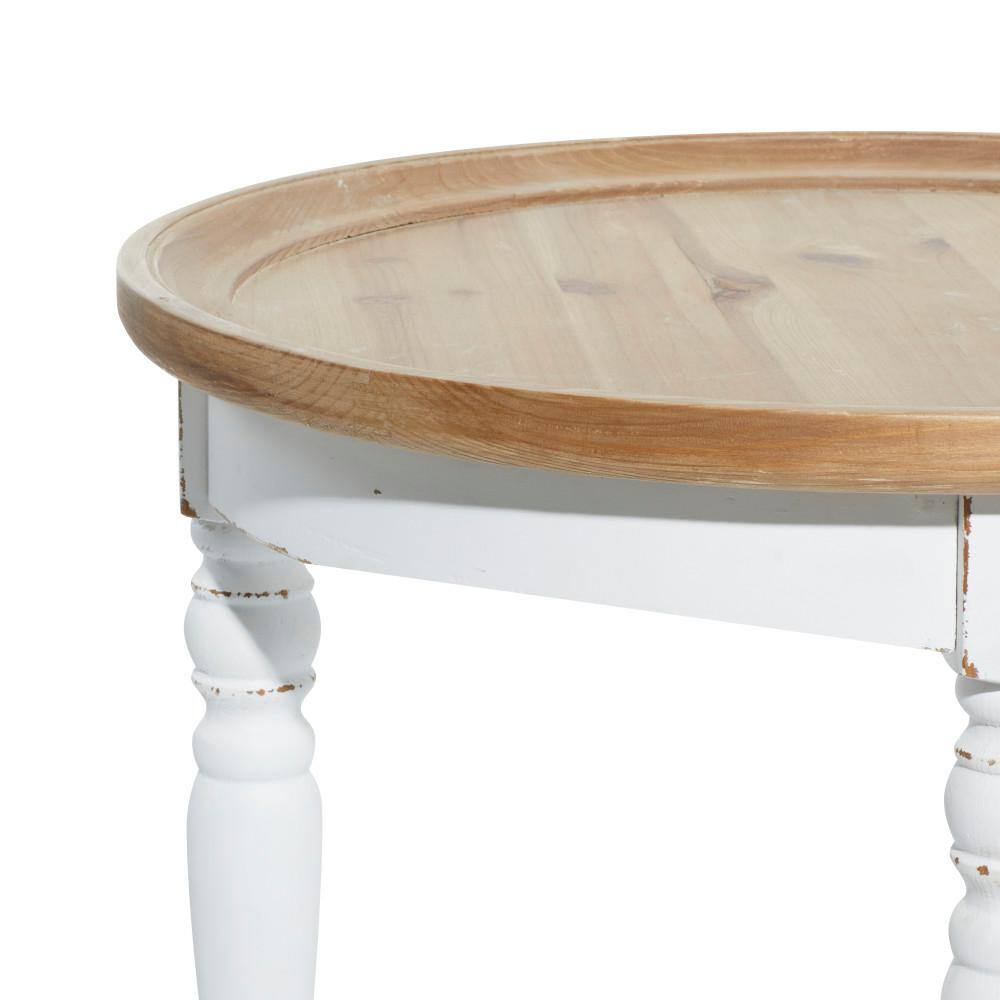 White and Brown Round Wood Accent Table with Spindle Legs