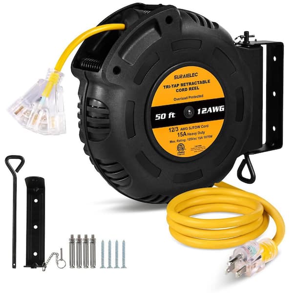 50 ft. 12 Gauge / 3C SJTOW 15 Amp Heavy Duty Power Extension Cord Reel with 3 Outlets Triple Tap Ceiling / Wall Mount