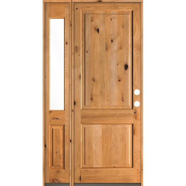 Krosswood Doors 50 in. x 96 in. Rustic Knotty Alder 2-Panel Sidelite Left-Hand/Inswing Clear Glass Clear Stain Wood Prehung Front Door