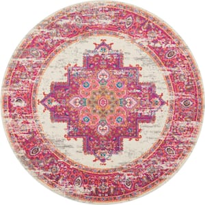 Passion Ivory/Fuchsia 5 ft. x 5 ft. Bordered Transitional Round Rug