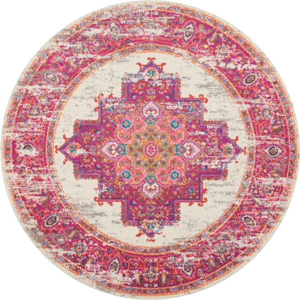 Nourison Passion Ivory/Fuchsia 5 ft. x 5 ft. Bordered Transitional Round Rug