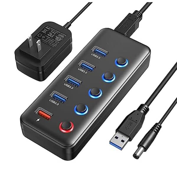 5-Port USB 3.0 Hub Powered with Smart Charging Port and LED On/Off Switches for PC and MAC, Includes 15W Power Supply
