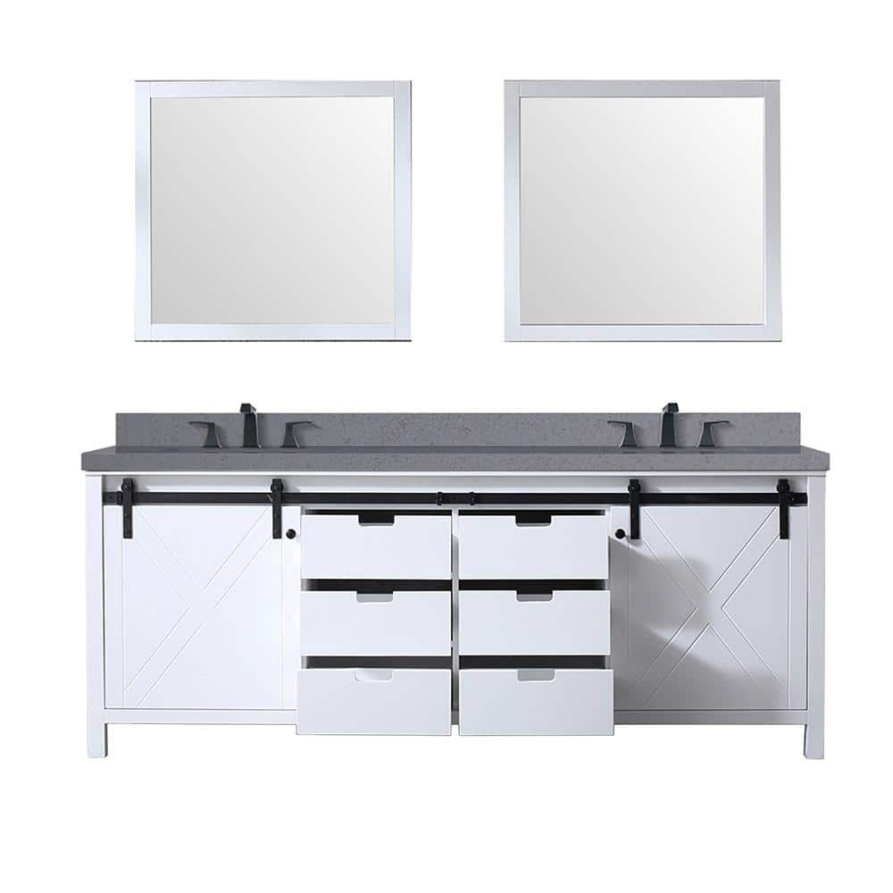 Marsyas 84 in W x 22 in D White Double Bath Vanity, Grey Quartz Countertop,