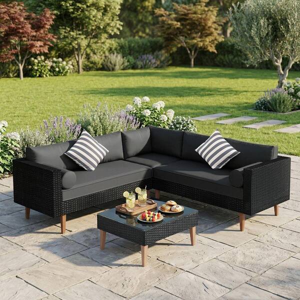 Black 4-Piece Wicker Outdoor Sectional Set, Patio Sofa Set with
