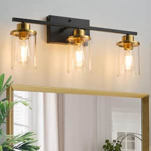 23.62 in. 3-Light Black and Gold Modern Bathroom Vanity Light with Cylinder Glass Shade