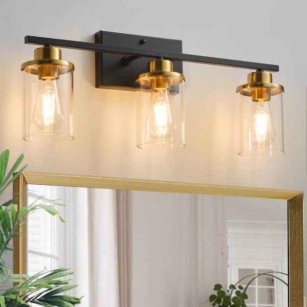 GoYeel 23.62 in. 3-Light Black and Gold Modern Bathroom Vanity Light with Cylinder Glass Shade