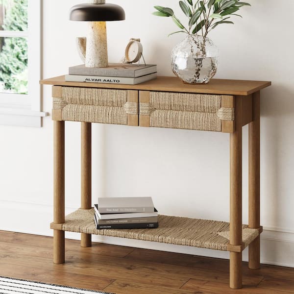 Nathan James Beacon 37 in. Light Brown Seagrass Rectangle MDF Wood Veneer Console Table with Drawers and Open Shelf, Solid Wood Legs