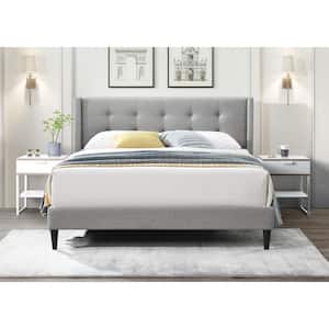 Mia Light Gray Linen Upholstered Frame, Eastern King Platform Bed with Button Tufted Wingback Headboard