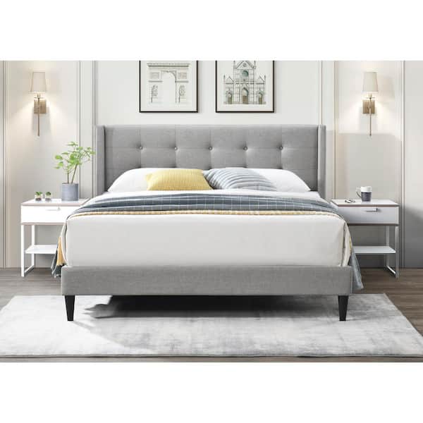 Dwell Home Inc Mia Light Gray Linen Upholstered Frame, Eastern King Platform Bed with Button Tufted Wingback Headboard
