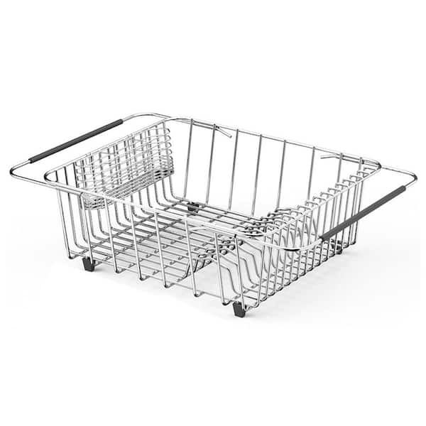 Silver Stainless Steel Dish Drying Rack Expandable Over Sink with Utensil Holder and Silicone Mat Drainer