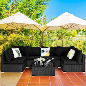 7-Piece Wicker Patio Conversation Rattan Furniture Set Sectional Sofas with Off White and Black Cushions