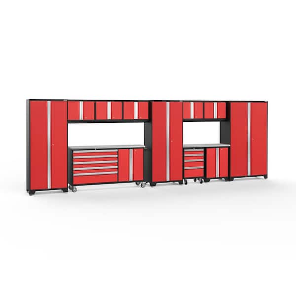 NewAge Products Bold 3.0 222 in. W x 75.25 in. H x 18 in. D 24-Gauge Welded Steel Stainless Steel Worktop Cabinet Set in Red (12-Piece)
