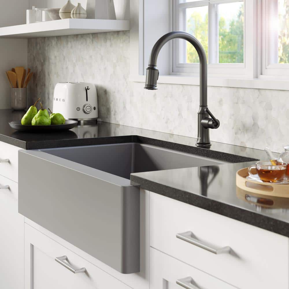 Matte Gray Quartz Composite Farmhouse Single Bowl Kitchen Sink