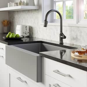 Farmhouse/Apron-Front Quartz Composite 34 in. Single Bowl Kitchen Sink in Grey
