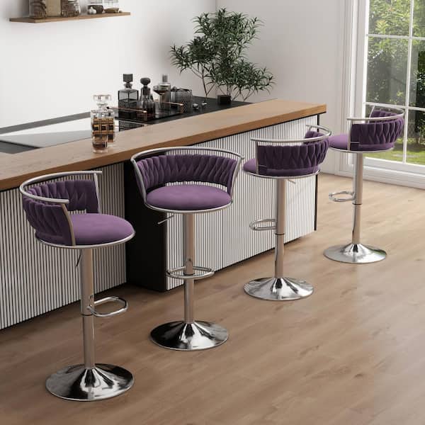 38.5 in. Modern Silver Metal Frame Low Back Swivel Adjustable Height Bar Stool with Purple Velvet Seat (set of 4)