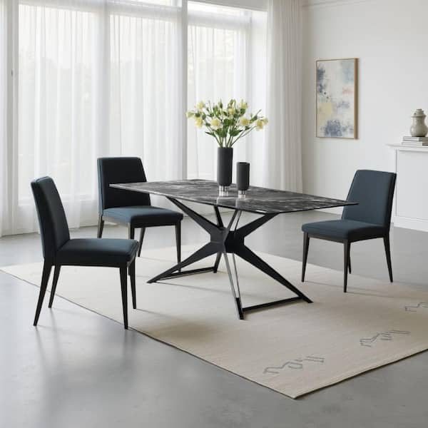Laus Black Glass Top 71 in. Cross Legs Dining Table Seats 6