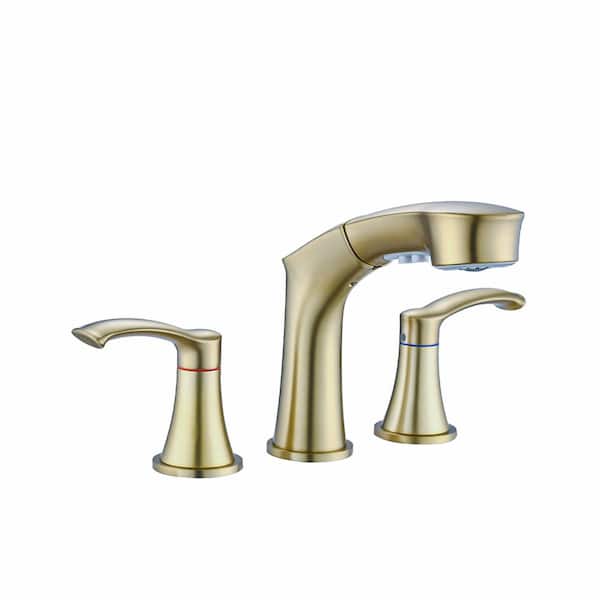 LORDEAR 8 in. Widespread Double Handle Pull Out Bathroom Sink Faucet with Drain Assembly in Gold