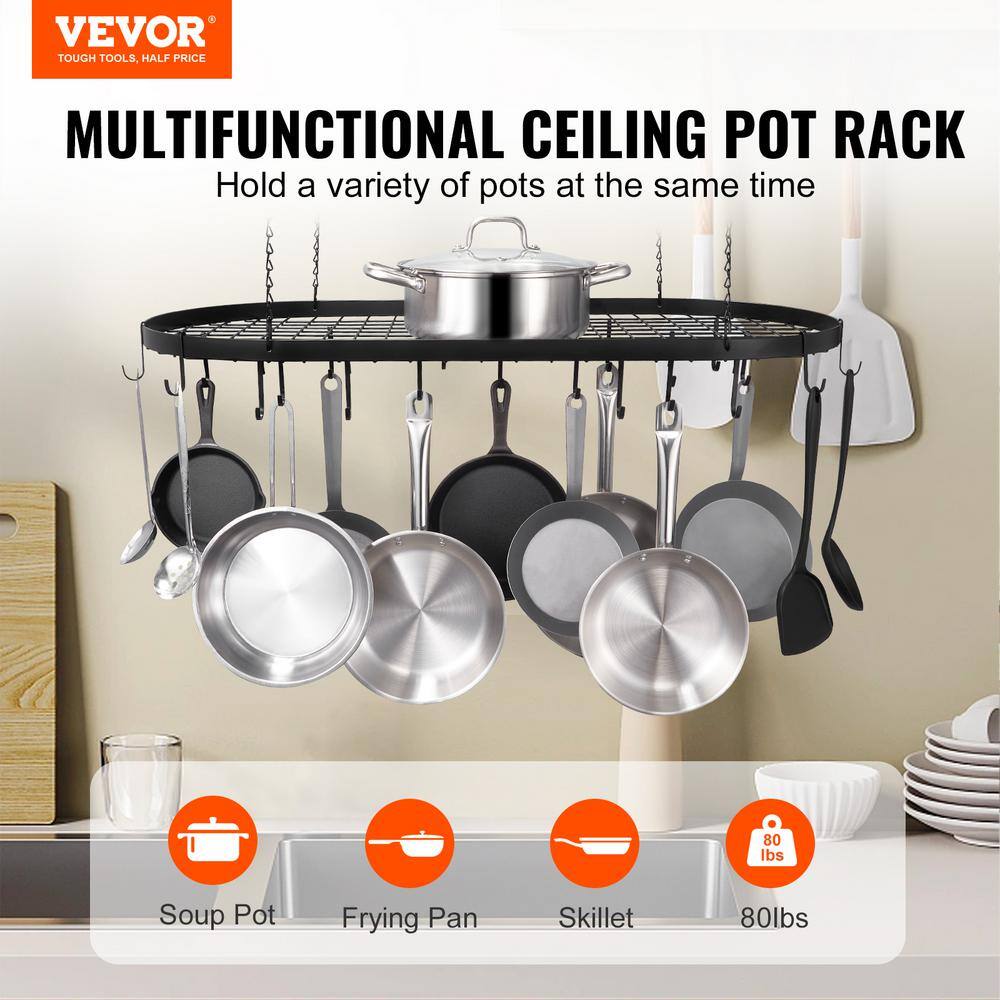 Black Carbon Steel 36-Inch Ceiling Mount Hanging Pot Rack with 20 S Hooks
