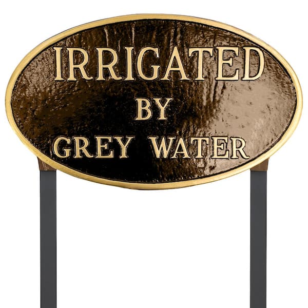 Montague Metal Products 10 in. x 18 in. Large Oval Irrigated By Grey Water Statement Plaque Sign with Lawn Stakes - Oil Rubbed/Gold