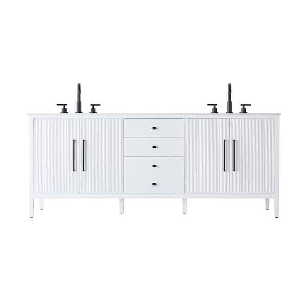 84 in. Double Sink White Bath Vanity with White Engineered Marble Top