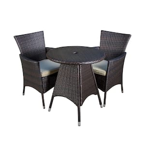 Melissa Multi-Brown 3-Piece Faux Rattan Round Outdoor Patio Bistro Set with Creme Cushions