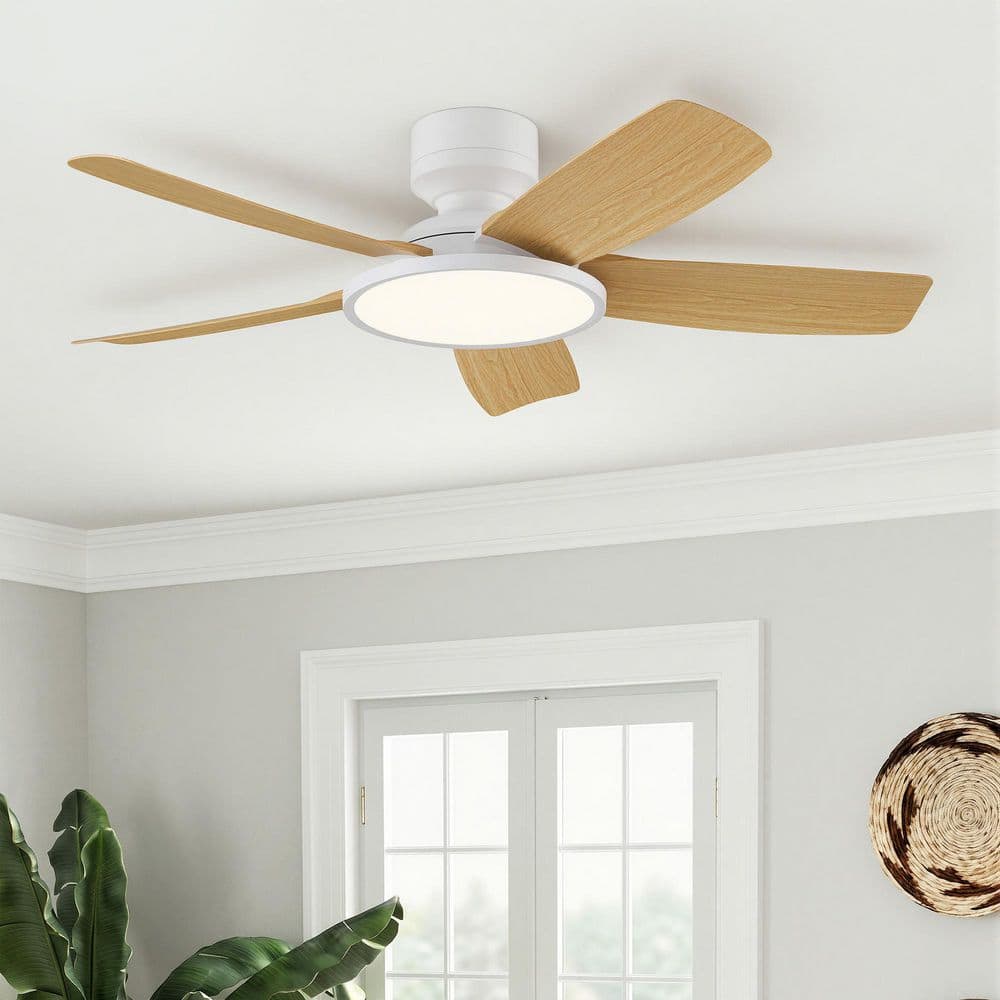 42 in. Modern Matte White Yellow Wood Low Profile Flush Mount Standard Ceiling Fan with Integrated LED Light and Remote price history on PriceWatchPro