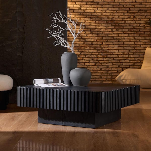 anpport Modern 35.43 in. W Black Square Wood Coffee Table with Round Corner