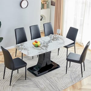 White 7-Piece Rectangular Faux Marble Top Dining Table Set Seats 6-8 with Convertible Base, 6-Upholstered Black Chairs