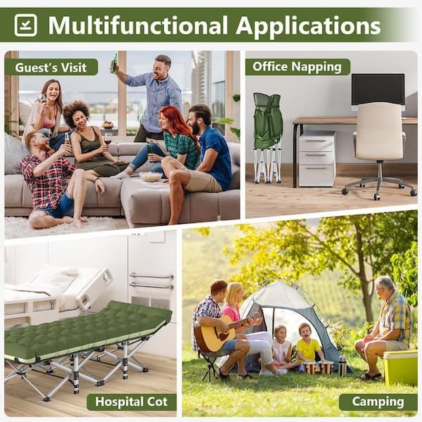 28 in. W Steel Folding Camping Cot Portable Outdoor Sleeping Cot with Soft Detachable Green Cushions