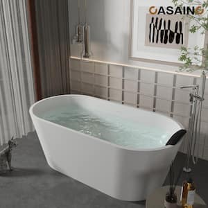 59 in. x 30 in. Solid Surface Stone Free Standing bath tubs Soaking Bathtub in White with Black Bathtub Pillow