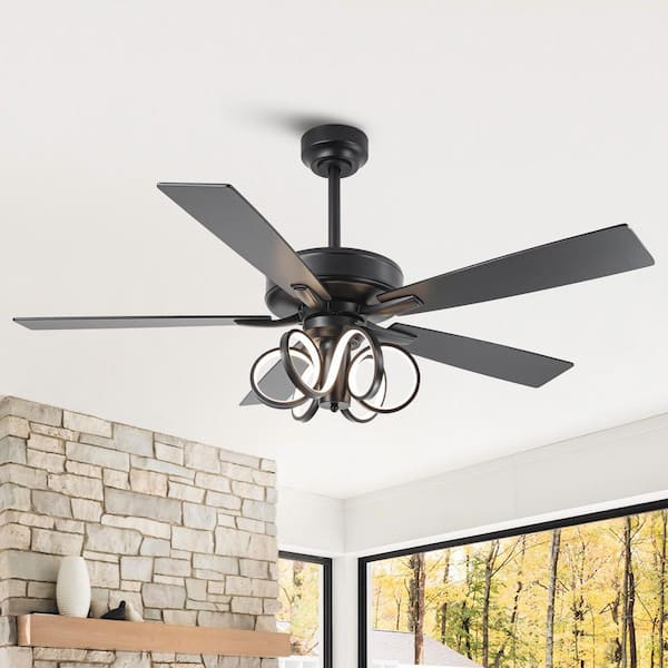 Modern 52 in. Indoor Dimmable Integrated LED Black Downrod Mount Ceiling Fan with Light and Remote Control