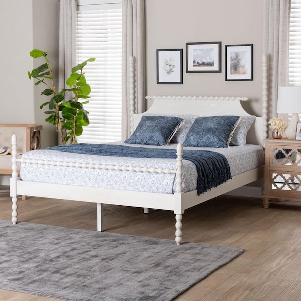 Caliana White Wood Frame Queen Four Poster Bed