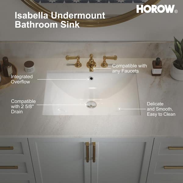 HOROW 23-5/8 in. Rectangular Glazed Ceramic Undermount Bathroom Vanity Sink in White with Overflow Drain