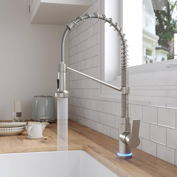 21.26 in. Single-Handle Pull-Down Sprayer Kitchen Faucet with LED Base, Dual Sprays in Stainless Steel in Brushed Nickel