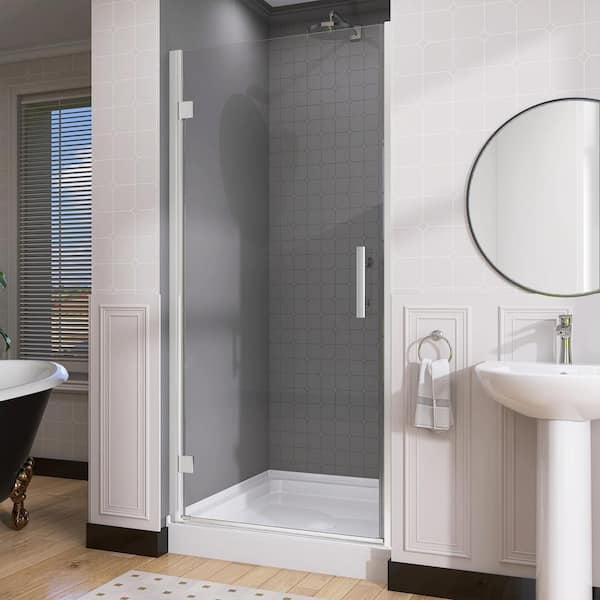 NTQ 32 to 33.25 in. W. x 72 in. H Left Hinged Frameless Pivot Swing Shower Door Polished Chrome with Clear Glass and Handle