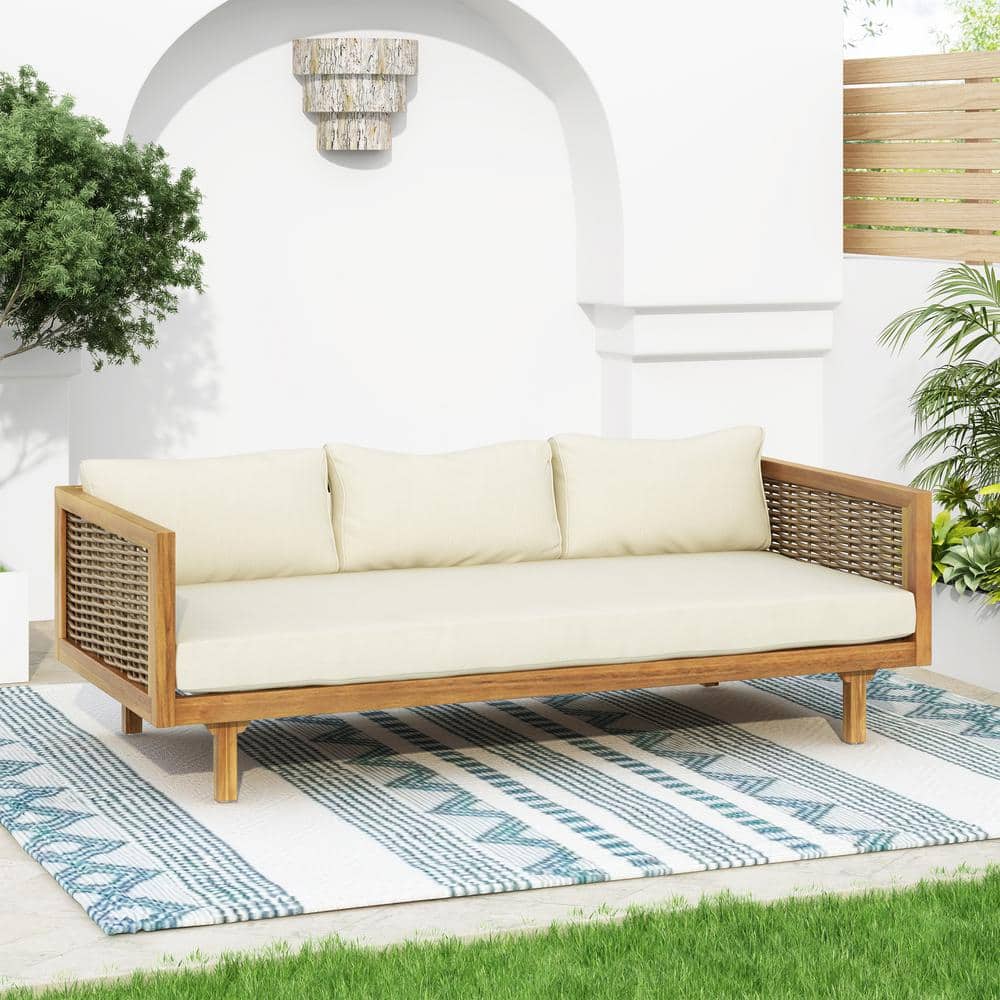 Acacia Wood Outdoor 3 Seater Day Bed with Rattan Arms and Beige Cushion