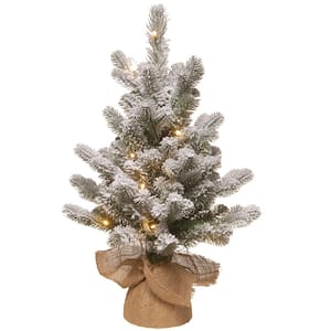 2 ft. Feel Real Snowy Sheffield Spruce Burlap Tree with 15 Warm White Battery Operated LED Lights with Timer