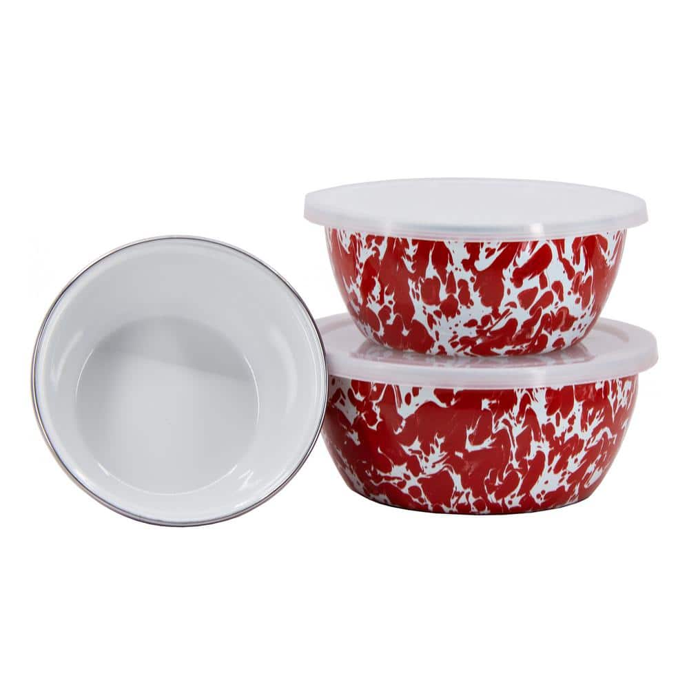 Red Swirl Ceramic Nesting Bowls with Lids, Set of 3