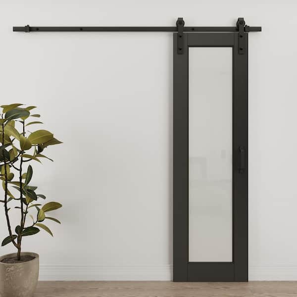 24 in. x 80 in. 1-Lite Frosted Glass Black Finished MDF Assembly Required Sliding Barn Door with Hardware Kit