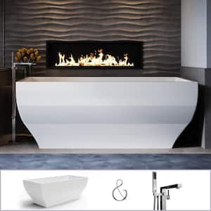 Manchester 63 in. Acrylic Angled Rectangle Freestanding Bathtub in White, Floor-Mount Square-Post Faucet in Nickel
