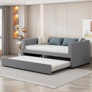 Gray Wood Twin Size Velvet Upholstered Daybed with Ergonomic Design Backrest and Trundle