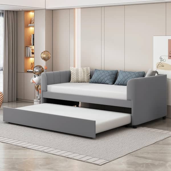 Harper & Bright Designs Gray Wood Twin Size Velvet Upholstered Daybed with Ergonomic Design Backrest and Trundle