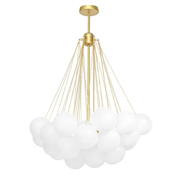 HUOKU Alma 32 in. W 3-Light Gold Cluster Globe Bubble Chandelier with Frosted Glass for Living Dining Room Bedroom (37-Shade)
