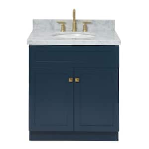 Hamlet 31 in. W x 22 in. D x 36 in. H Vanity in Midnight Blue with White Carrara Marble Vanity Top