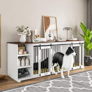 86.6" Large Dog Crate Furniture, XXL Dog Kennel for 2 Medium Large Dogs Indoor with Storage Shelves and Divider, White