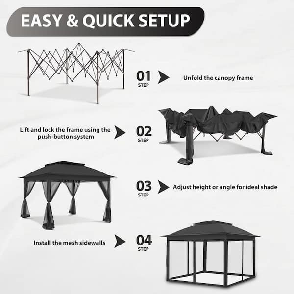 Gardenbee Black Steel Portable Pop-Up Gazebo with Mosquito Netting