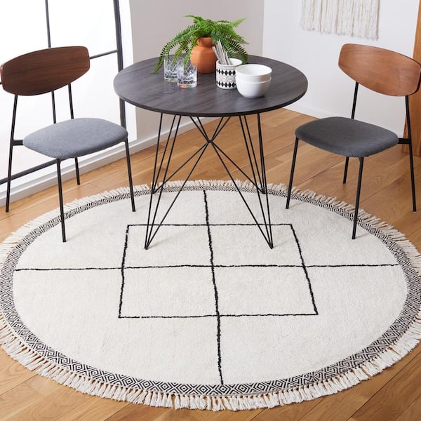 Easy Care Ivory/Black 6 ft. x 6 ft. Machine Washable Border Striped Geometric Round Area Rug