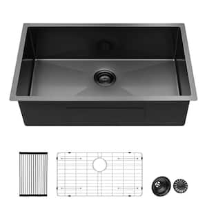Black 16 Guage Stainless Steel 30 in. Single Bowl Undermount Workstation Kitchen Sink without Faucet